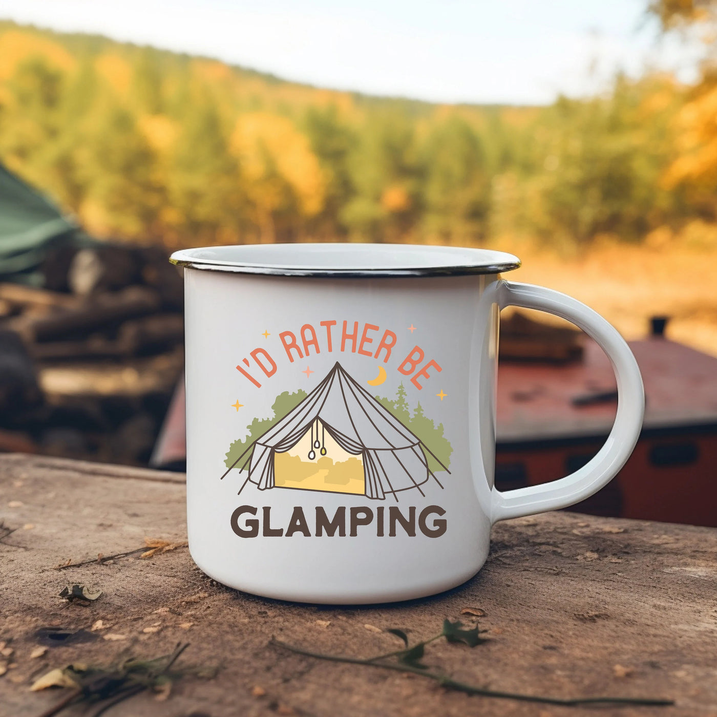 a camp mug sitting on top of a wooden table