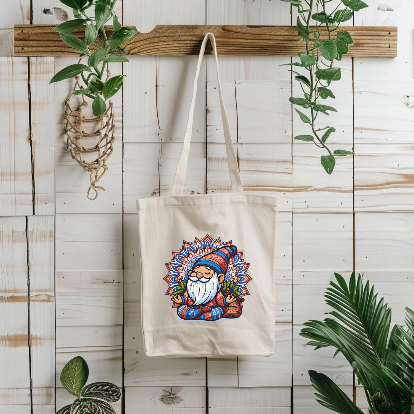 a tote bag hanging on a wall next to a potted plant