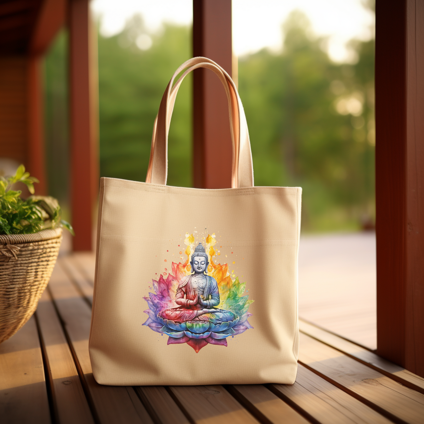 a white bag with a buddha image on it