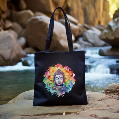 a black bag with a buddha image on it