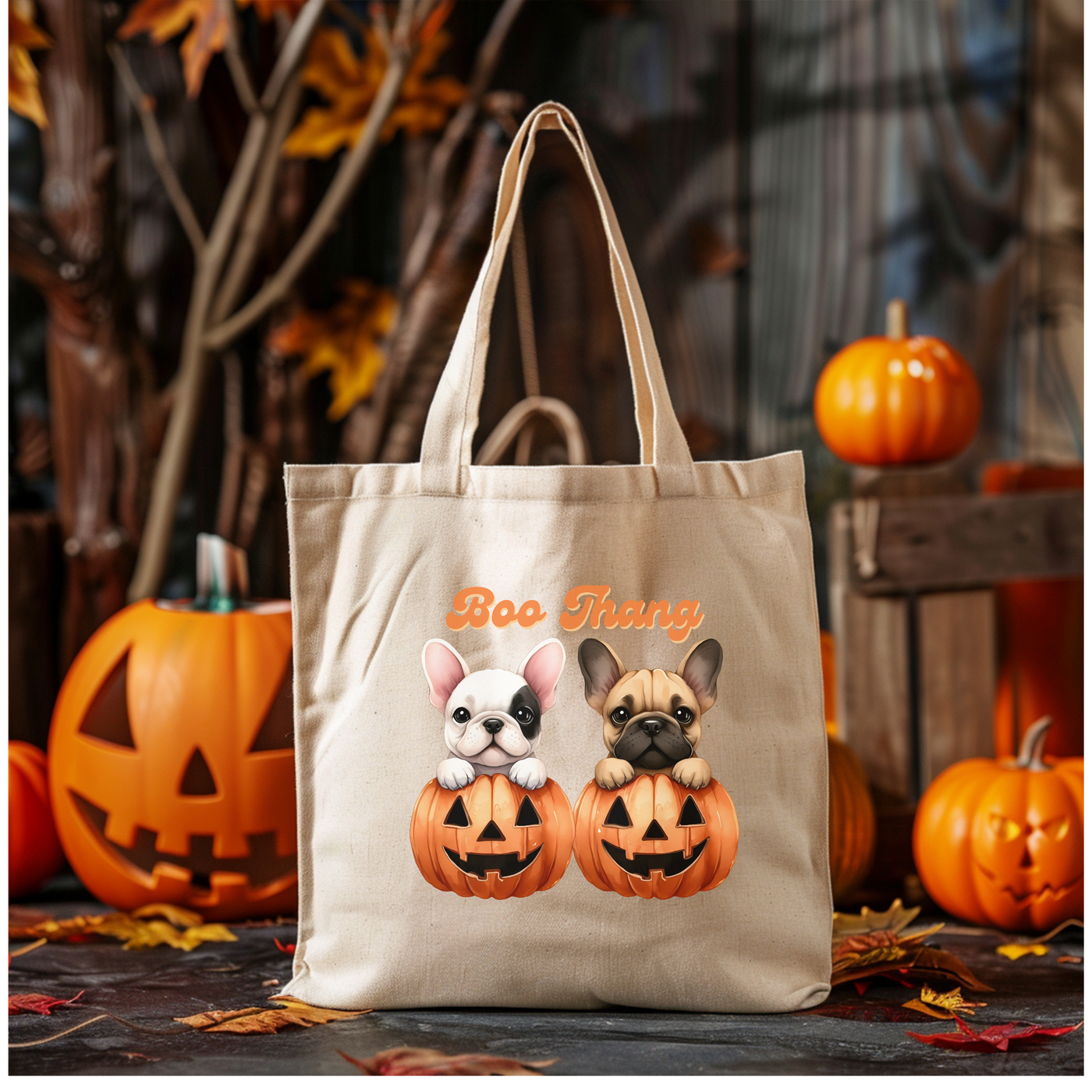 a tote bag with a dog and cat on it