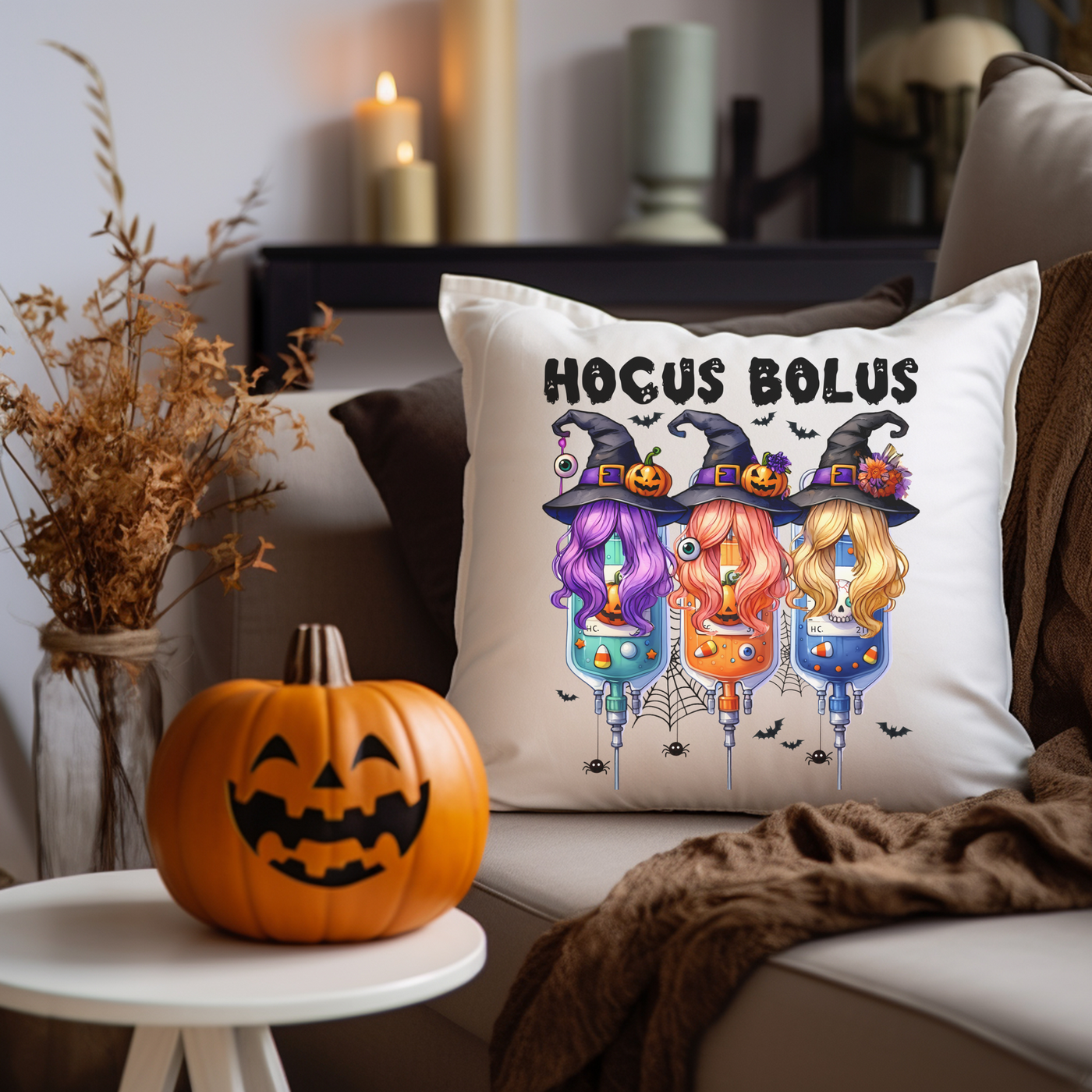 a couch with a halloween pillow on it