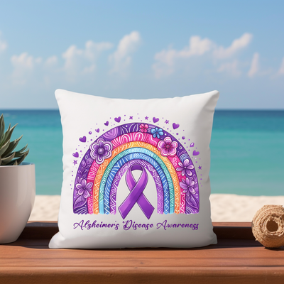 a pillow that has a purple ribbon on it