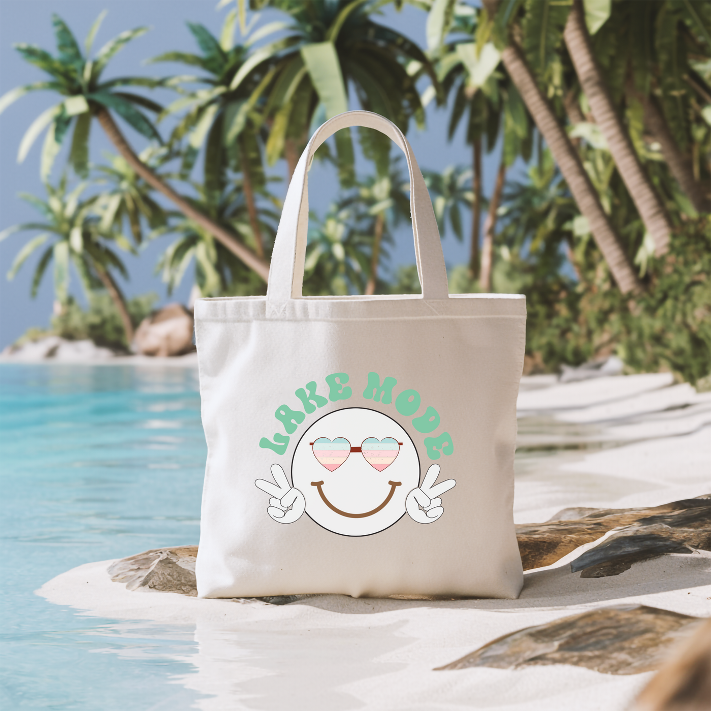 a white bag sitting on top of a sandy beach