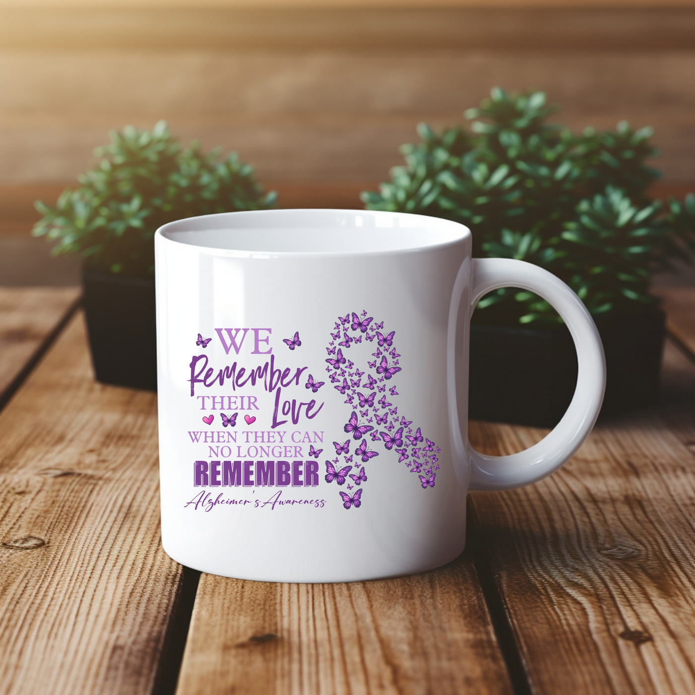 a white coffee mug sitting on top of a wooden table