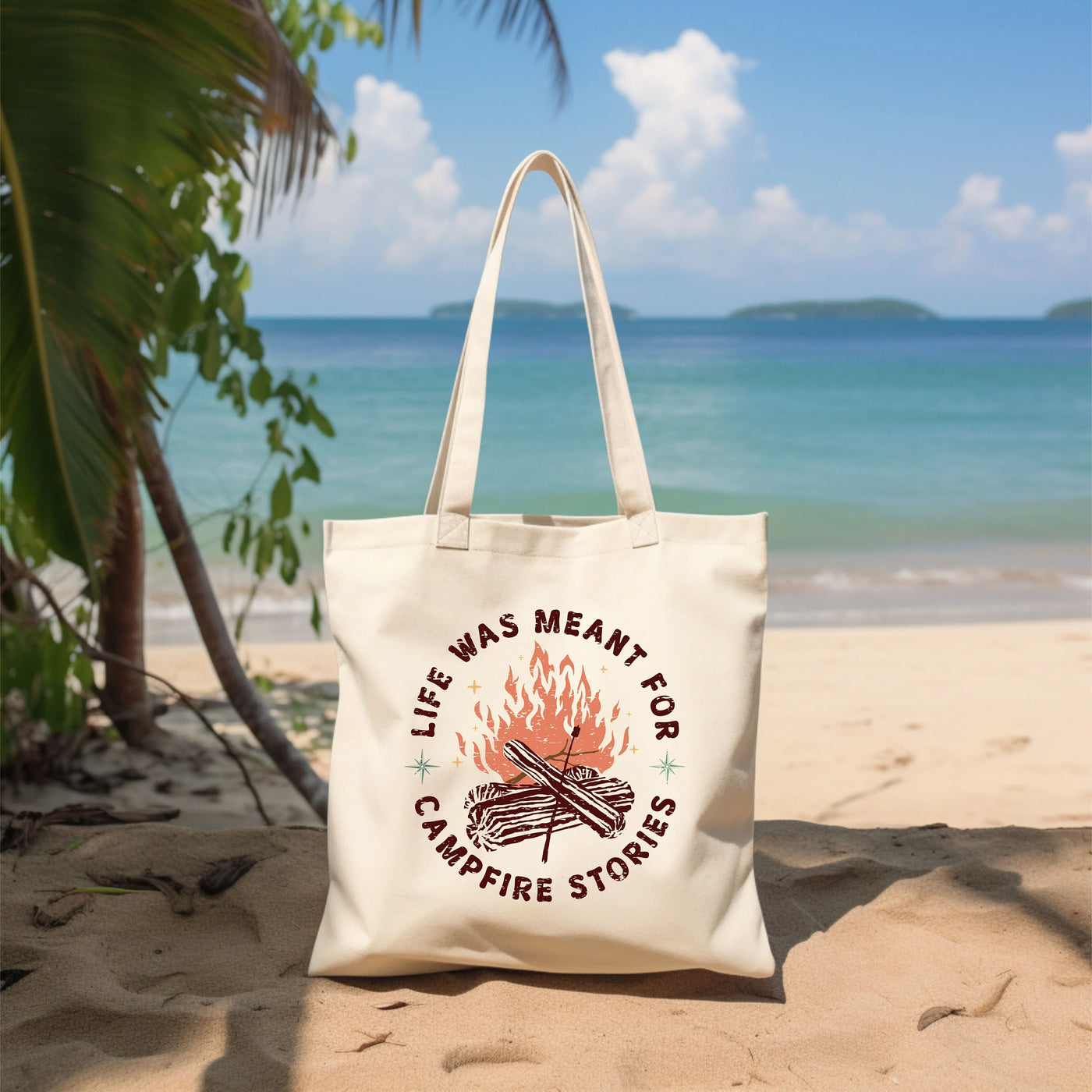 a white bag sitting on top of a sandy beach