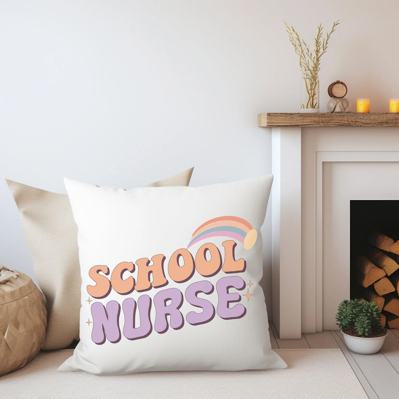 a pillow that says school nurse next to a fireplace