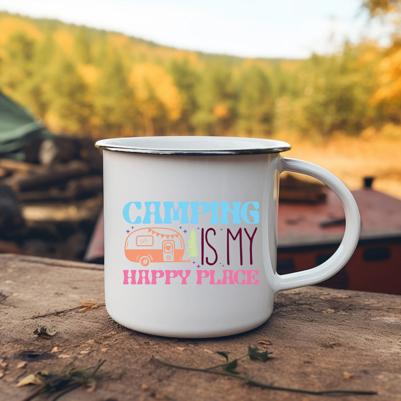 a camper mug that says camping is my happy place