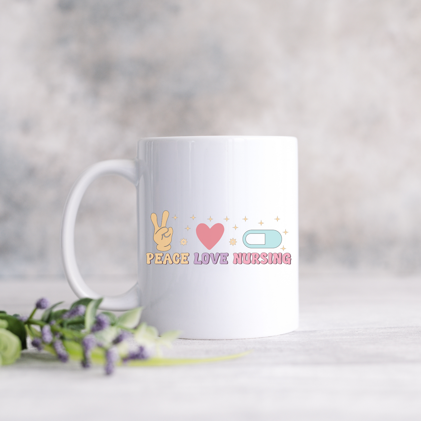 a white coffee mug with peace love nursing on it