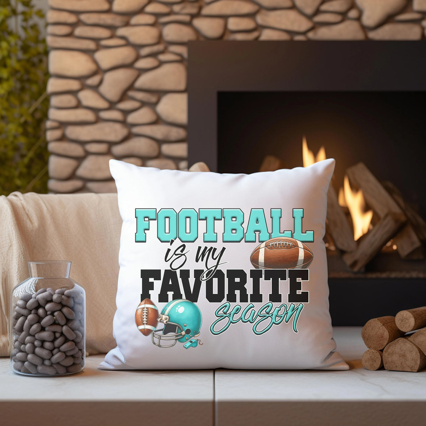 a football pillow sitting on top of a couch next to a fire place