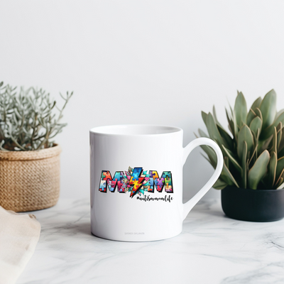 a white coffee mug sitting on top of a table