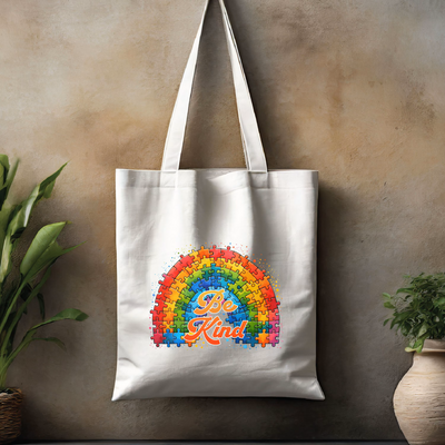 a white tote bag with a rainbow design