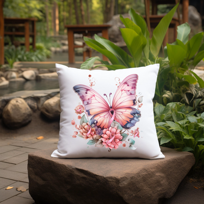 a white pillow with a pink butterfly on it