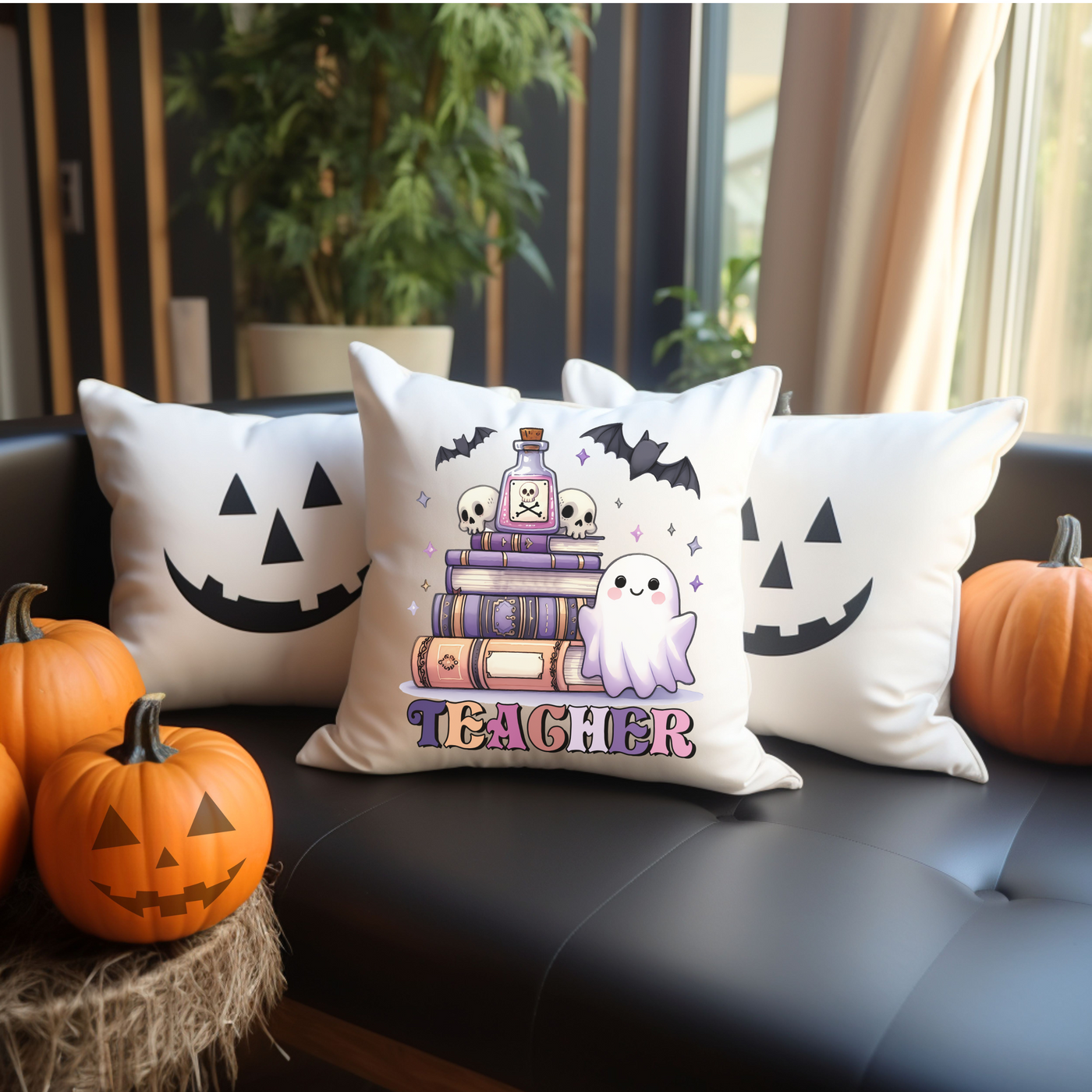 three halloween pillows on a couch with pumpkins