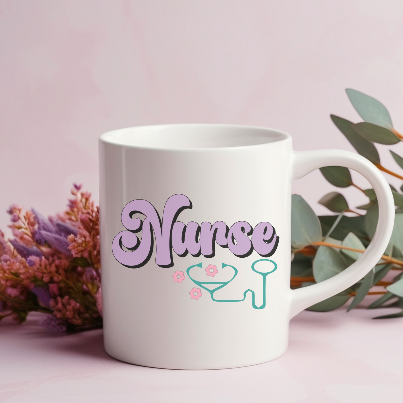 a white coffee mug with the word nurse on it