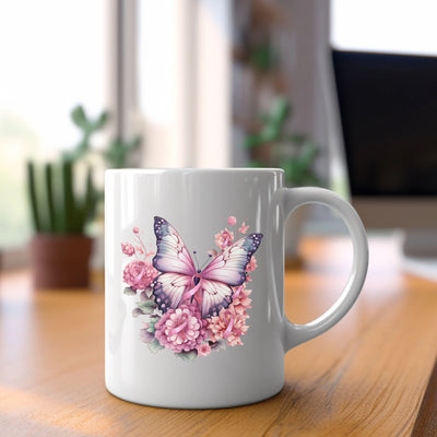 a white coffee mug with a pink butterfly on it