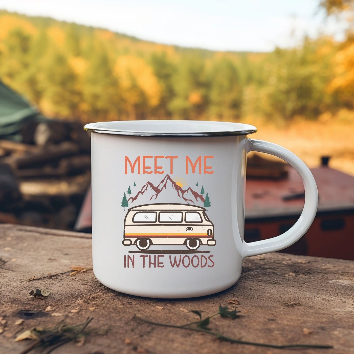 a camper mug that says meet me in the woods