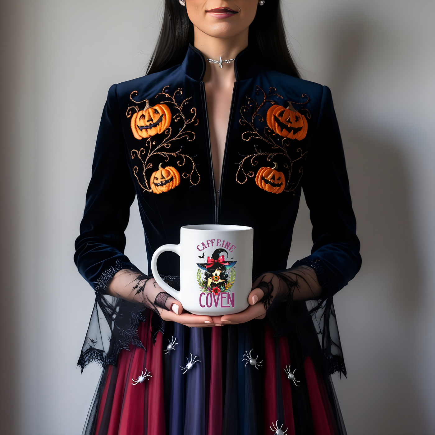 a woman in a costume holding a coffee mug