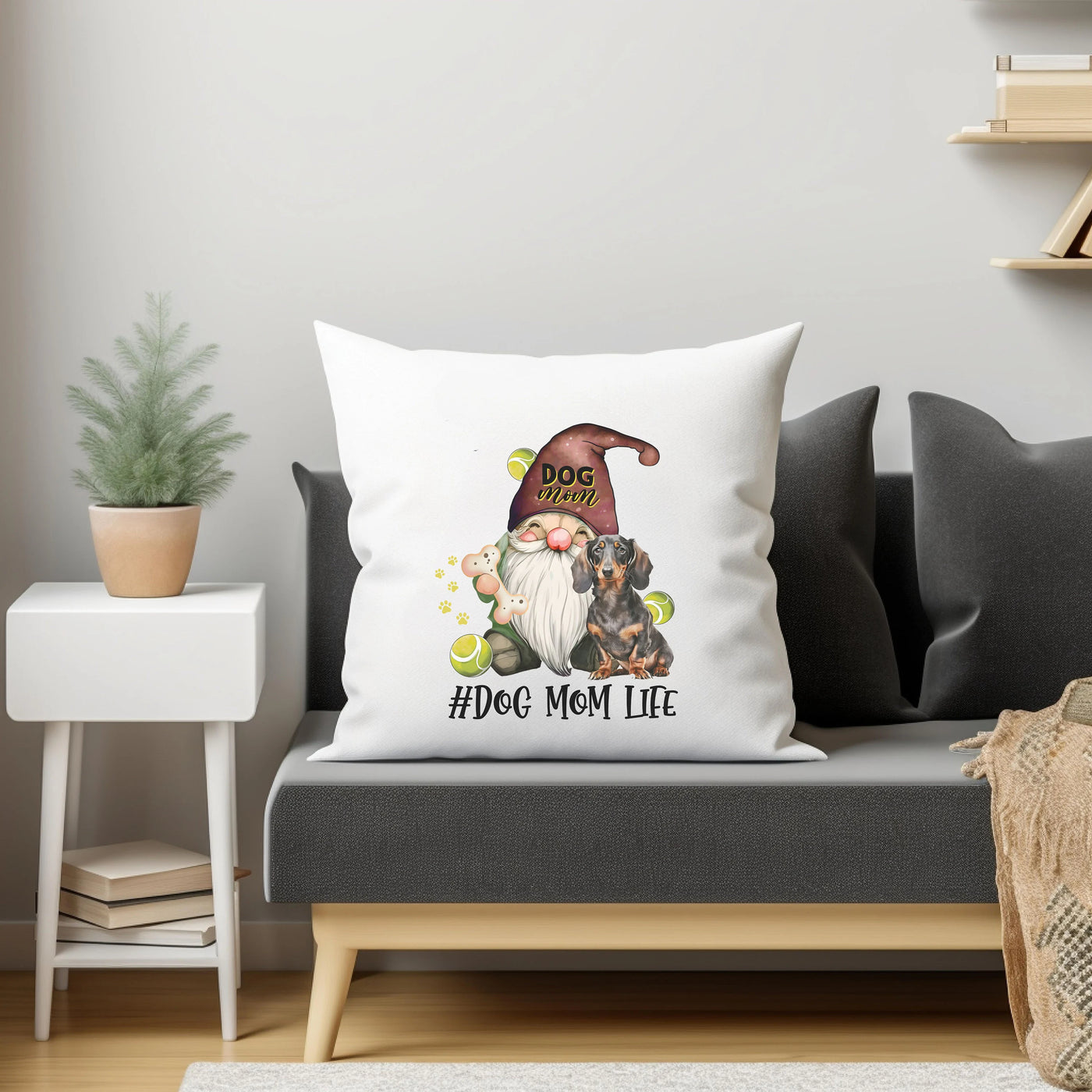 a pillow with a gnome and a dog on it