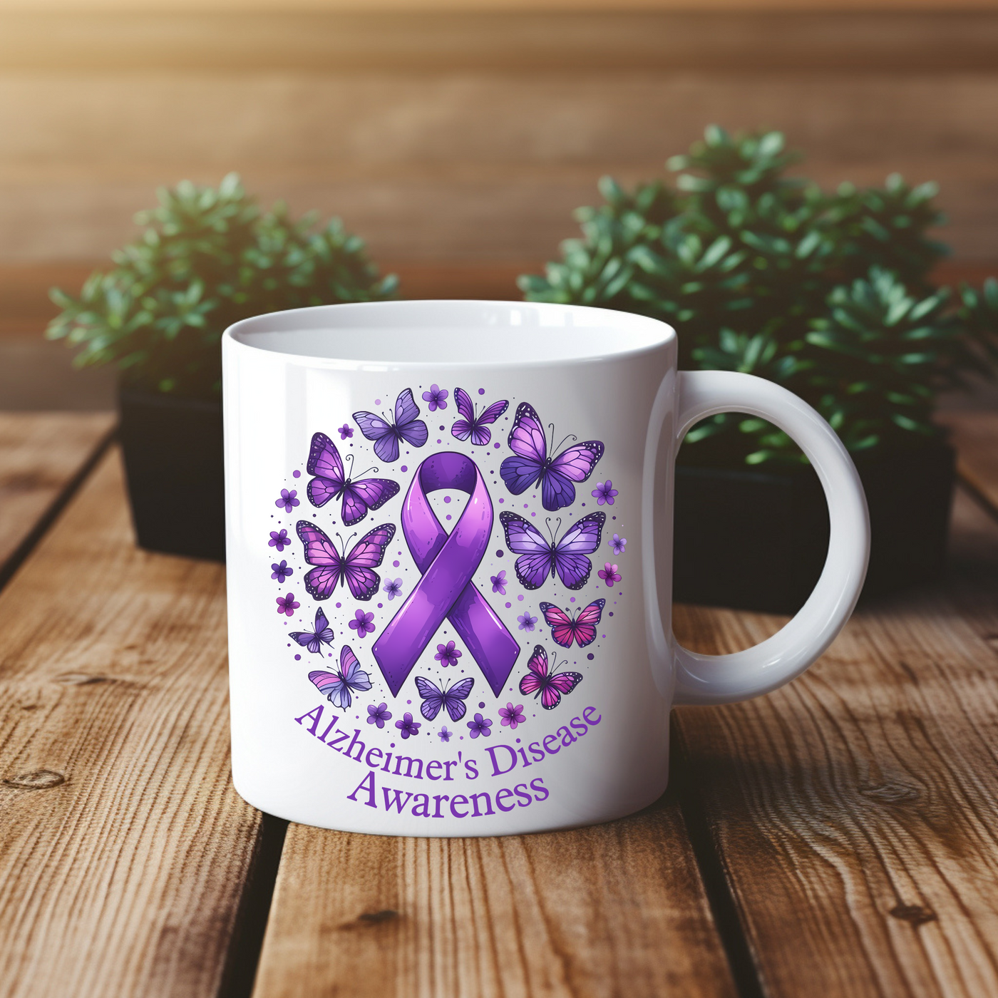 a coffee mug with a purple ribbon and butterflies on it