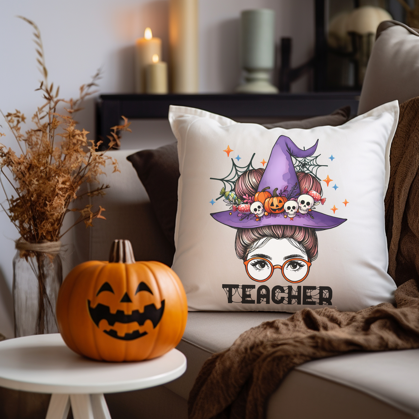 a white pillow with a witch's hat on it