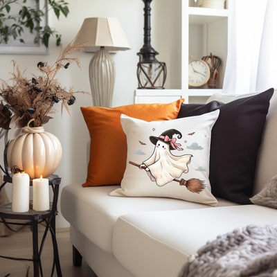 a living room with a white couch and pillows