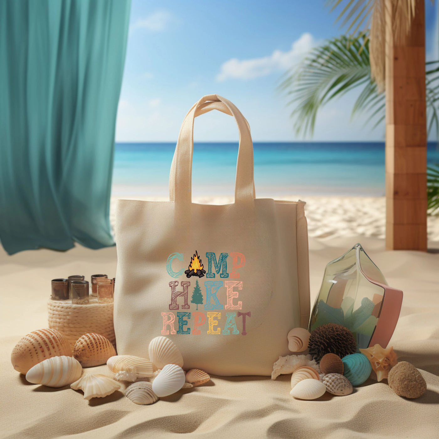 a beach scene with a tote bag and shells