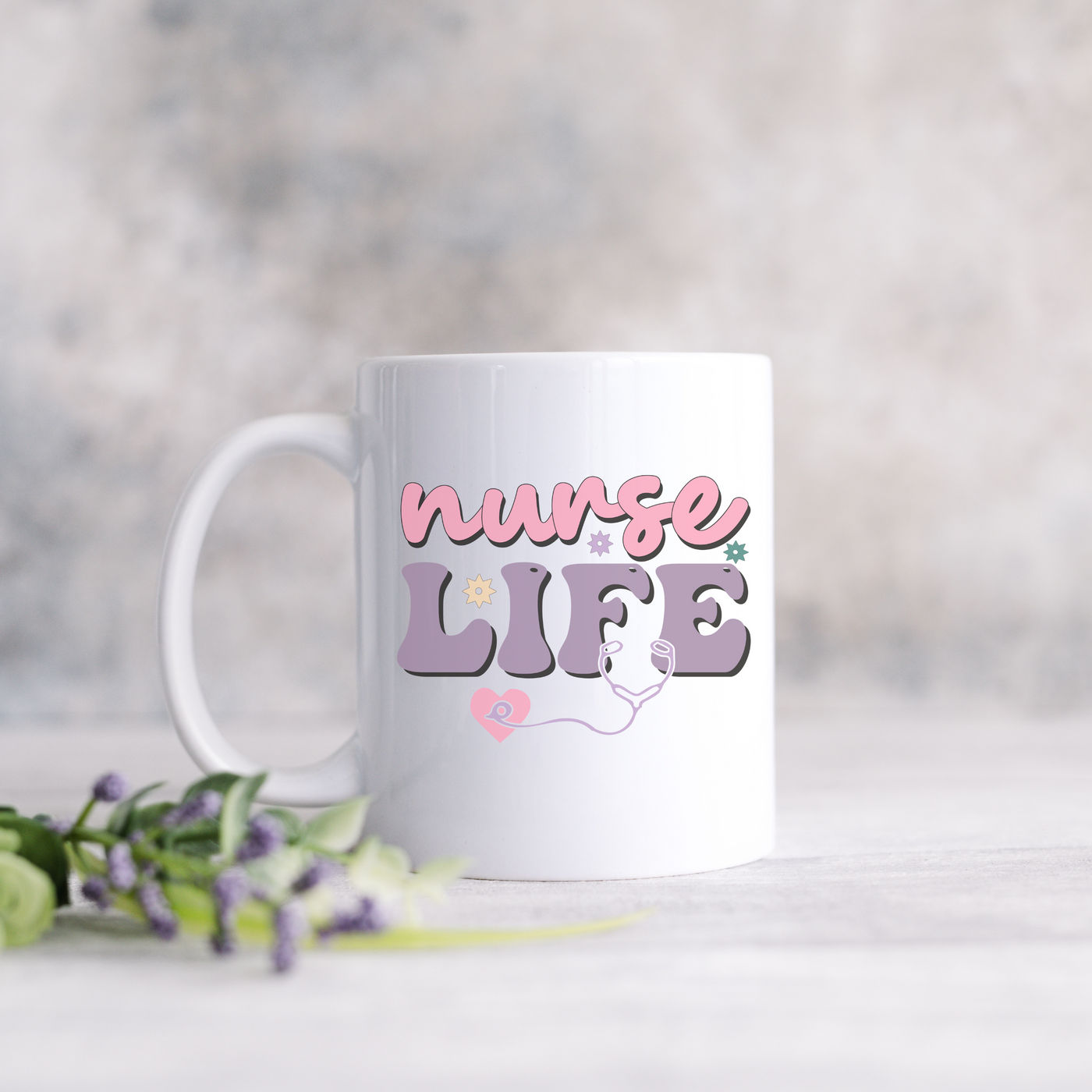 a white coffee mug with the words nurse life on it