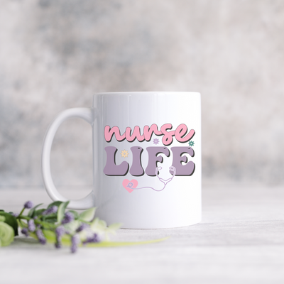 a white coffee mug with the words nurse life on it