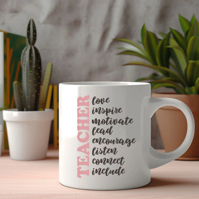 a white coffee mug with the words love inspire inspire inspire inspire inspire inspire inspire inspire