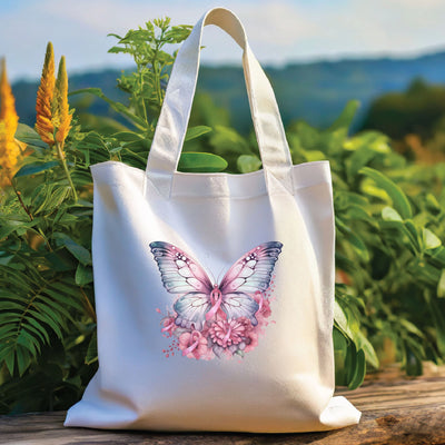 a white bag with a butterfly painted on it