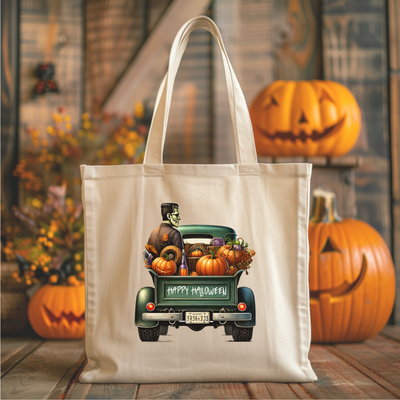 a bag with a picture of a car with pumpkins in the back