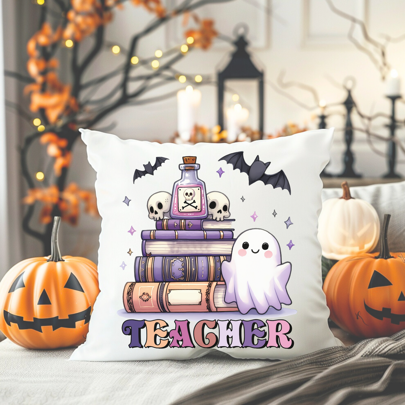 a pillow with a picture of two ghostes sitting on top of a stack of