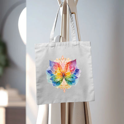 a white bag with a colorful butterfly on it