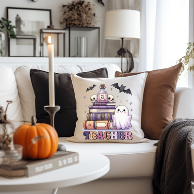 a white couch with a halloween pillow on top of it