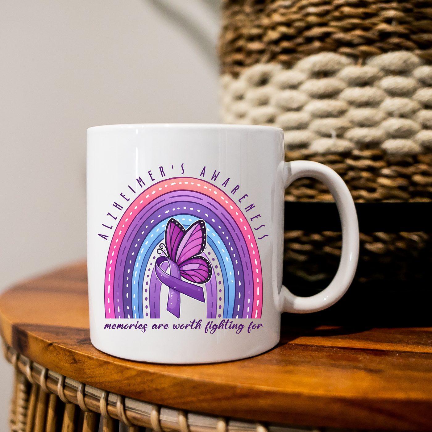 a white coffee mug with a purple butterfly on it