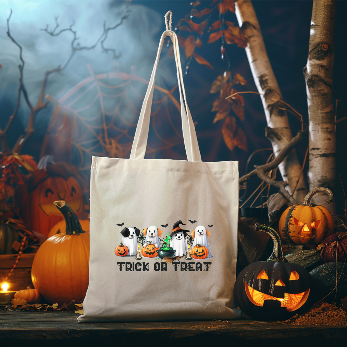 a trick or treat bag sitting next to pumpkins