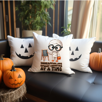 three pillows on a couch with pumpkins in the background