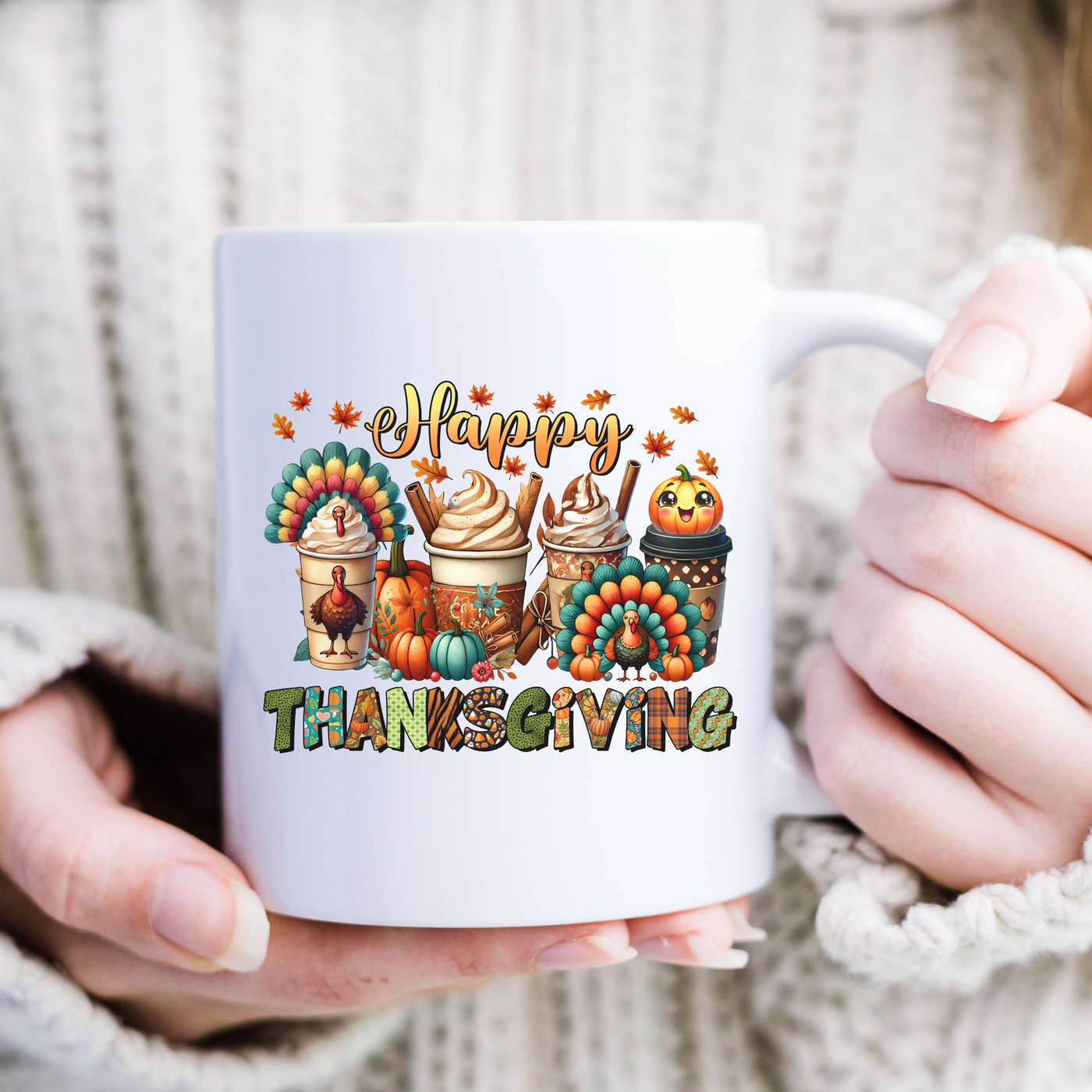 a woman holding a coffee mug with a thanksgiving design