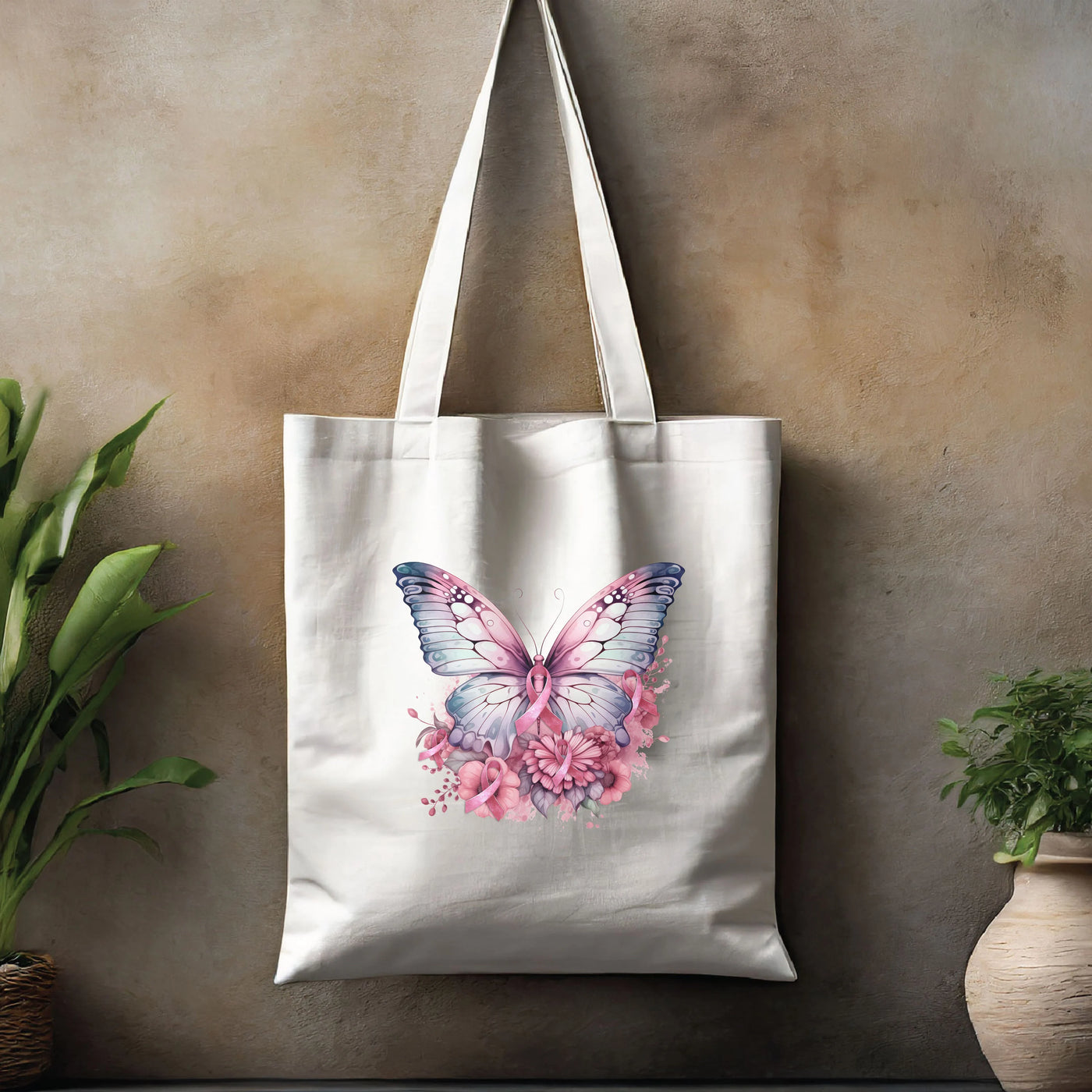 a white tote bag with a pink butterfly on it