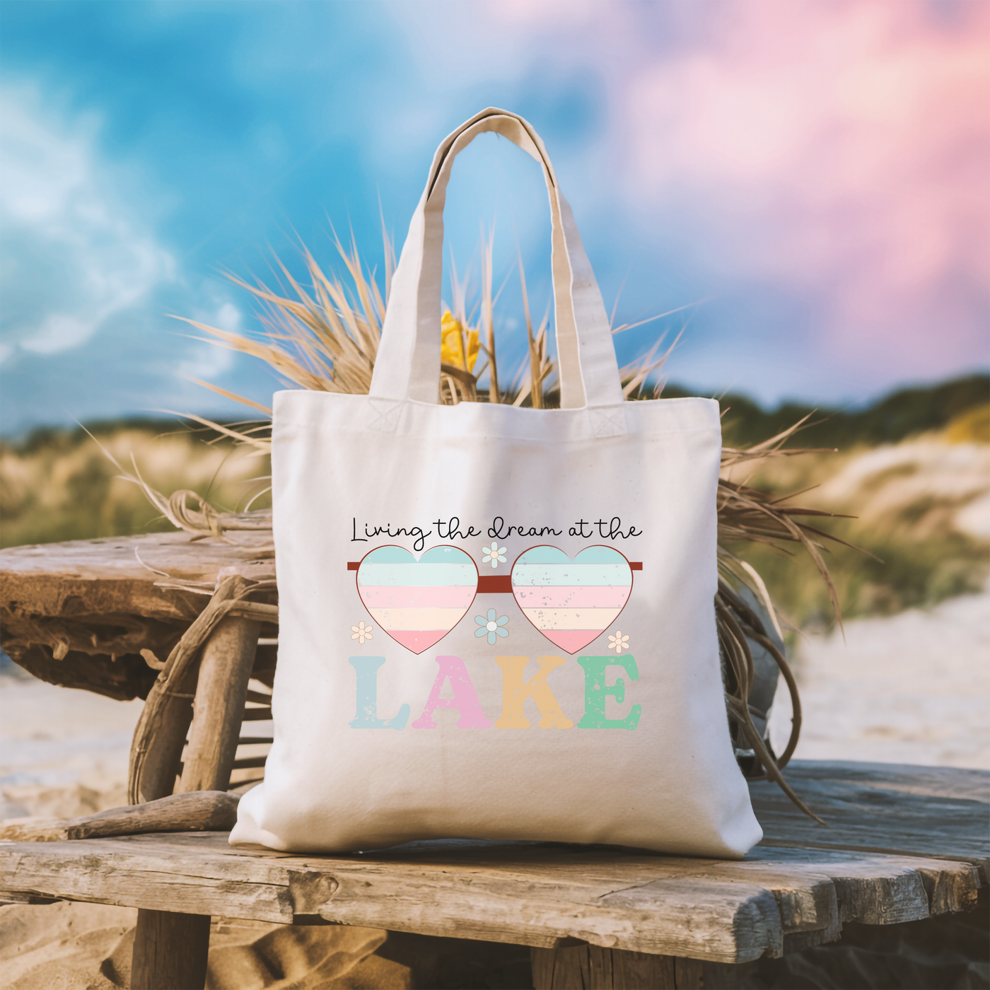 a tote bag sitting on top of a wooden bench