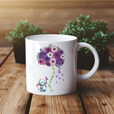 a coffee mug with a picture of a bouquet of flowers on it