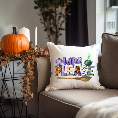 a couch with a pillow that says witch please