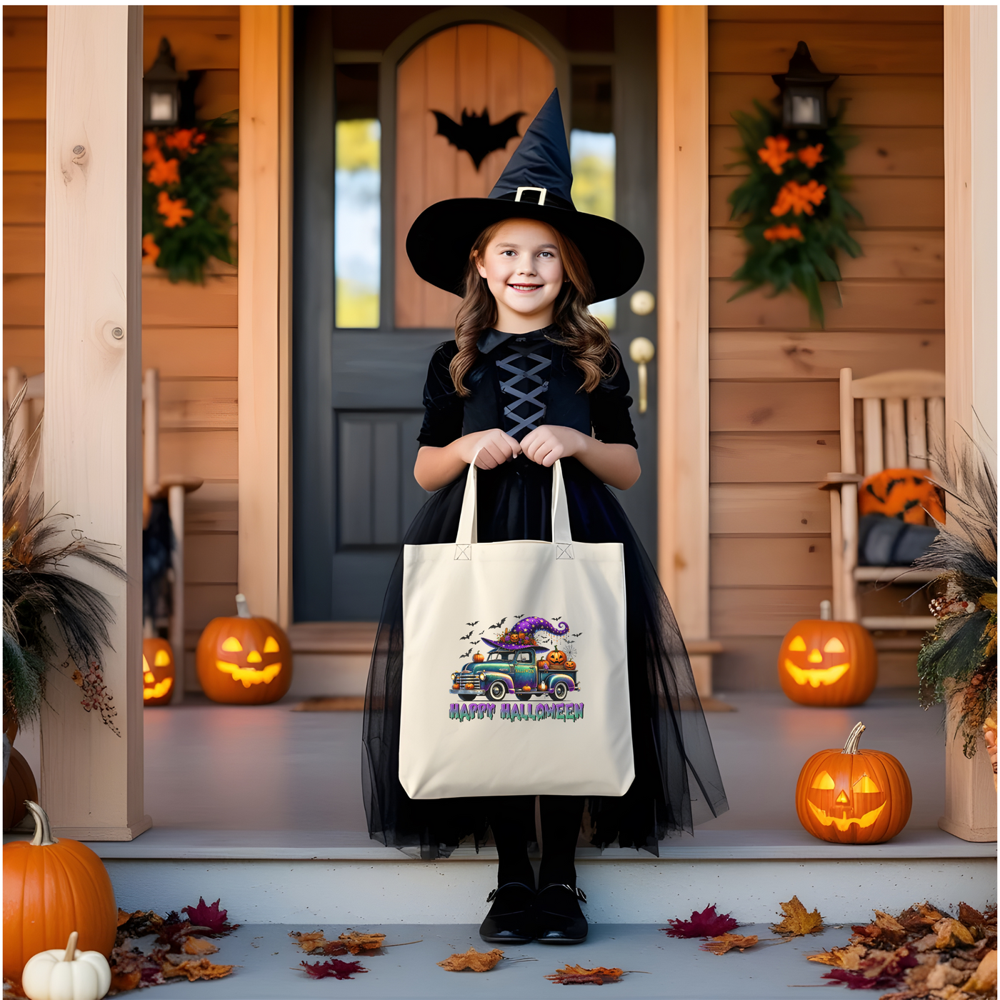 a little girl in a witch costume holding a trick or treat bag