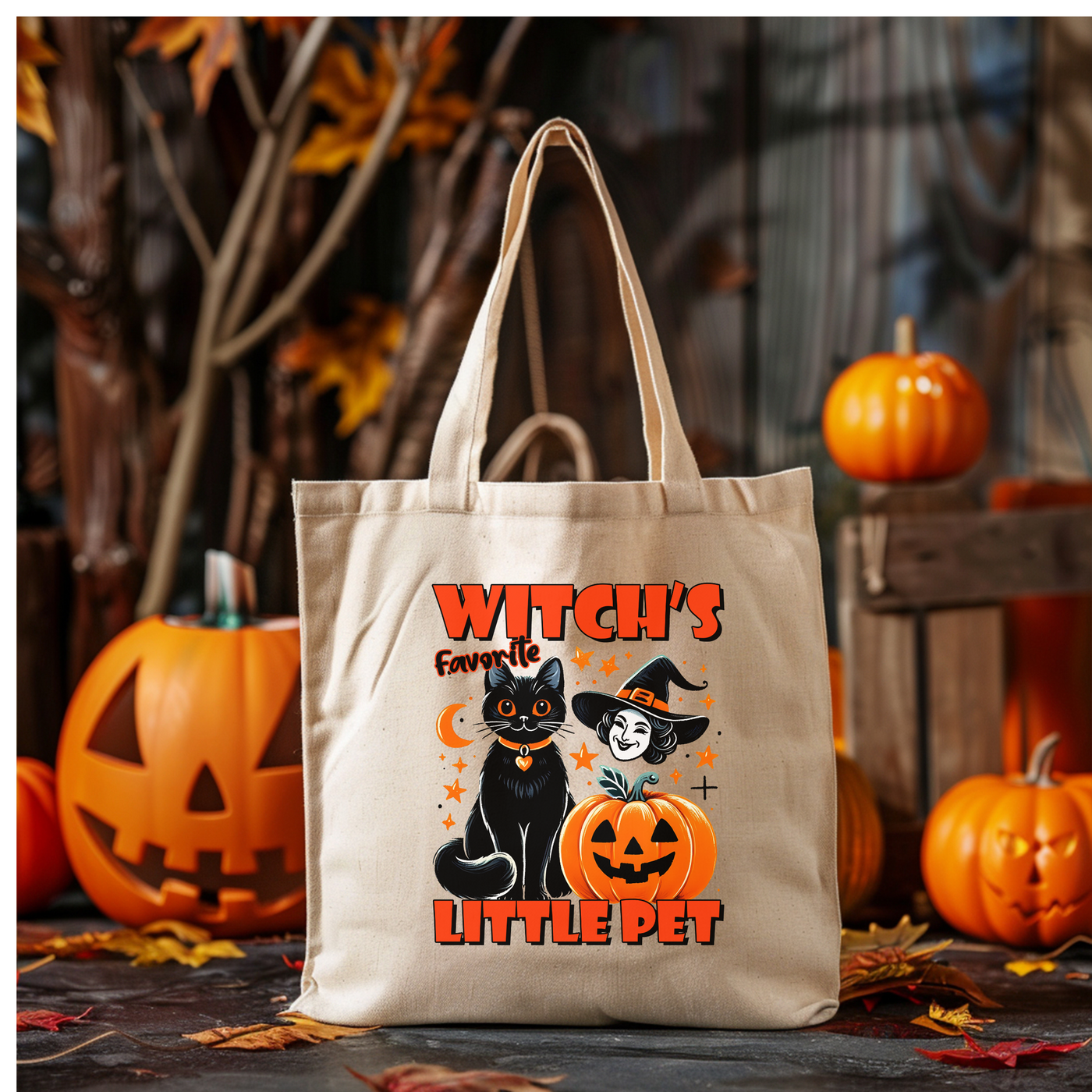 a canvas bag with a black cat and a witch on it