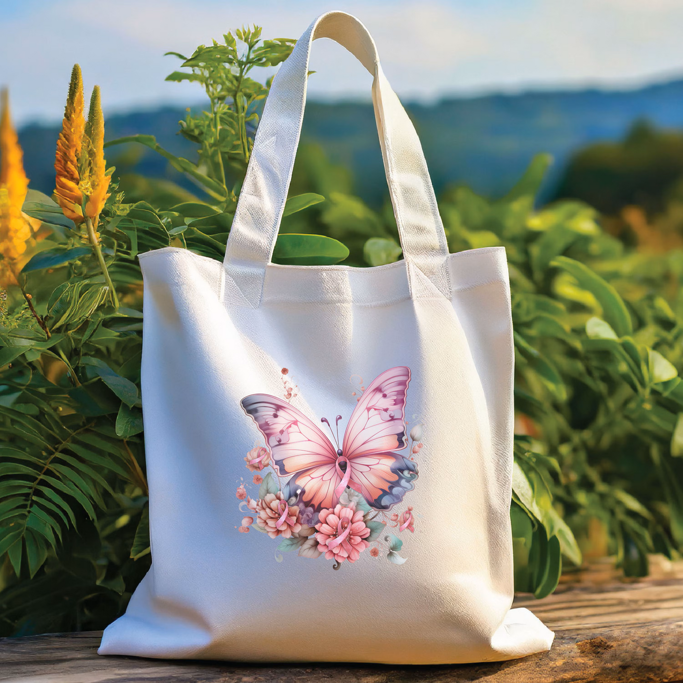 a white bag with a pink butterfly on it