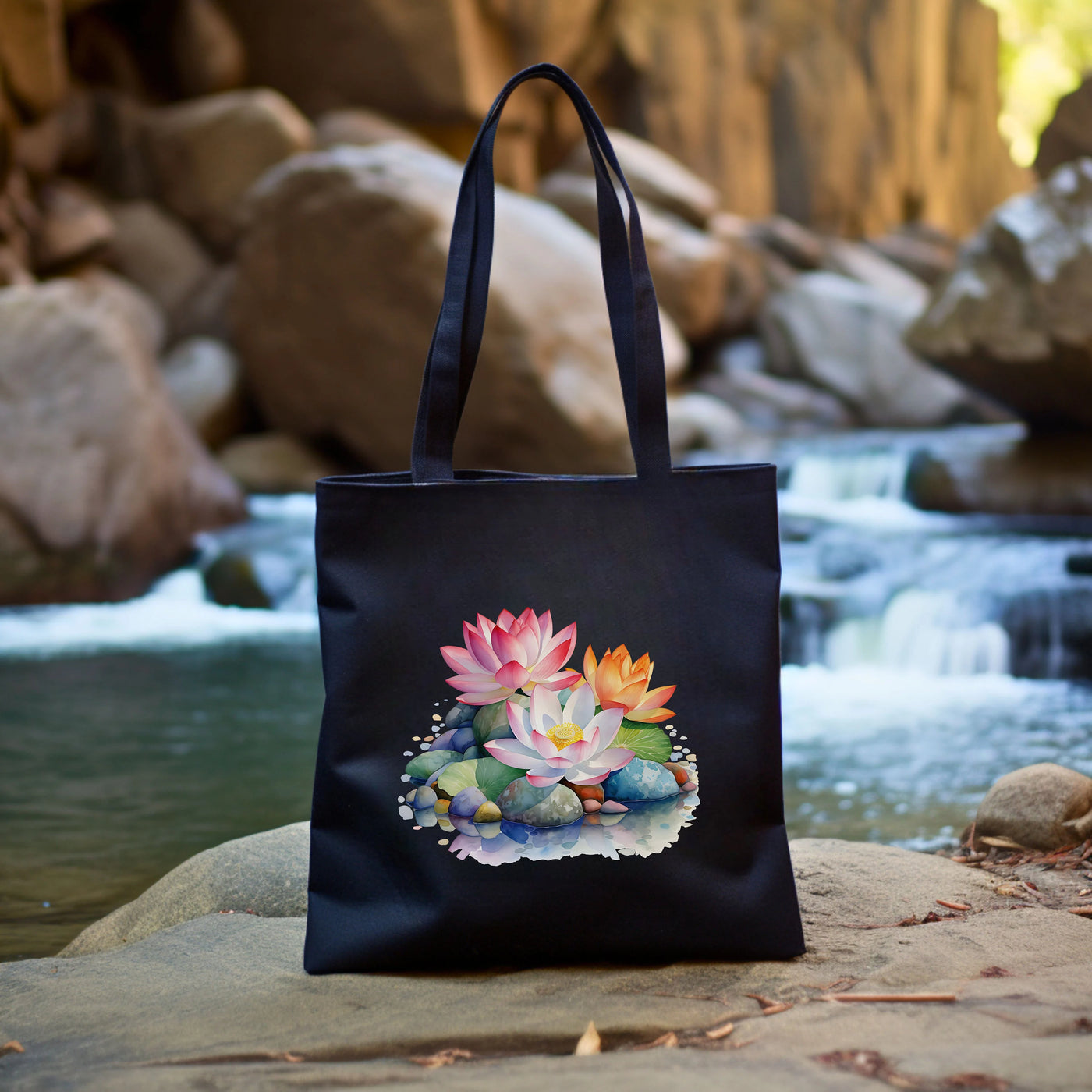 a black bag with a picture of flowers on it