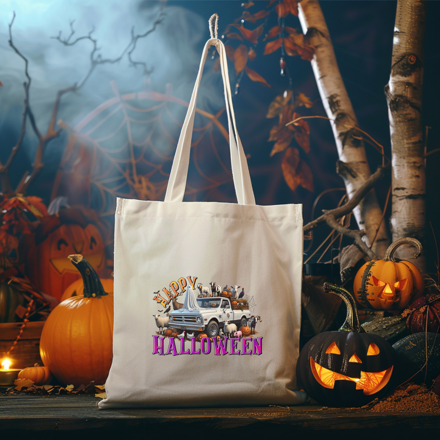 a white bag sitting on top of a table next to pumpkins