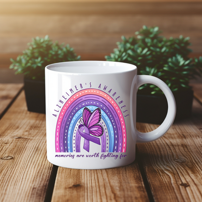 a white coffee mug with a purple butterfly on it