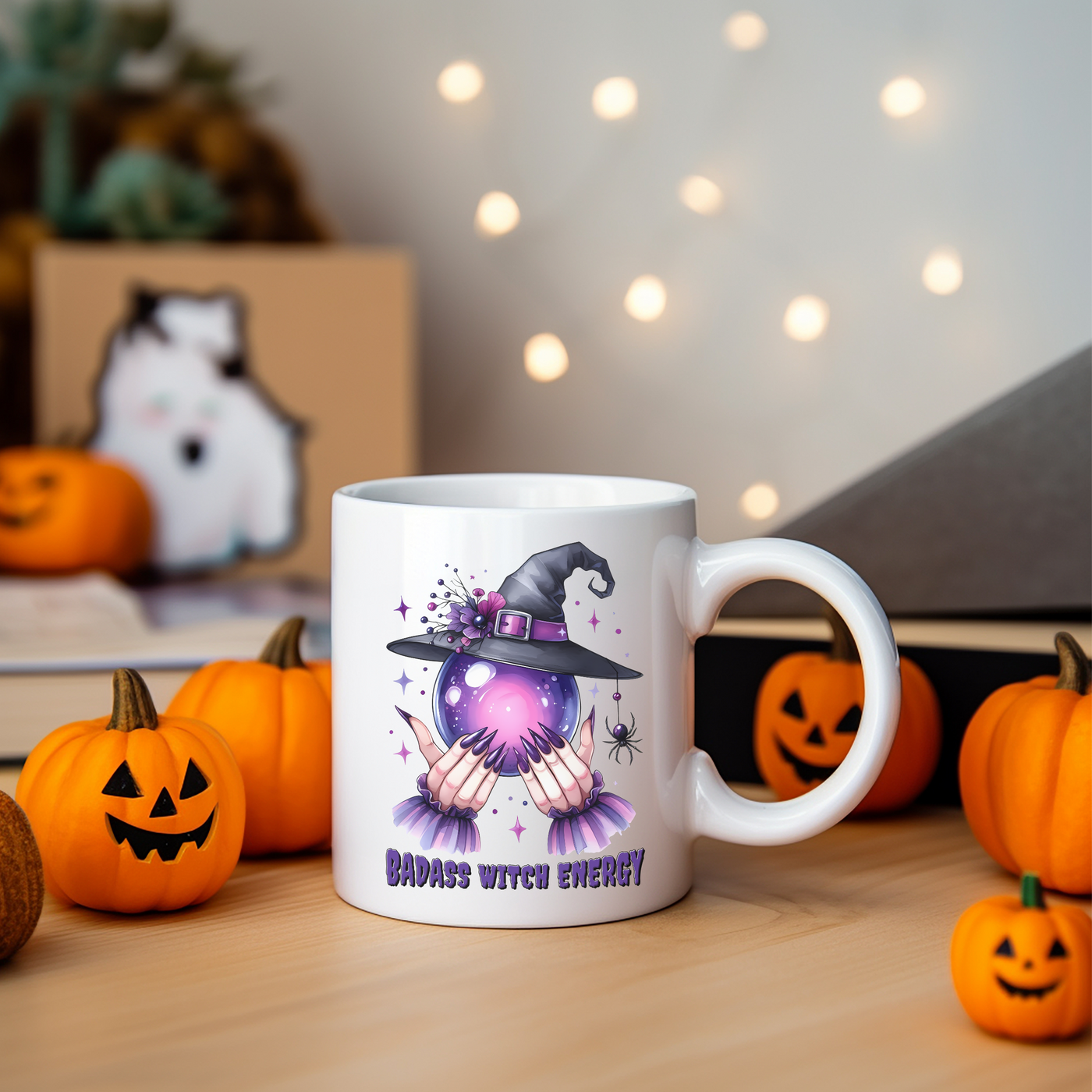 a white coffee mug with a witch on it